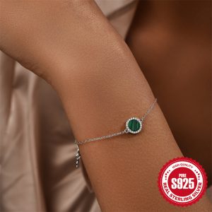 S925 Sterling Silver Classic Round Malachite Diamond All-match Bracelet