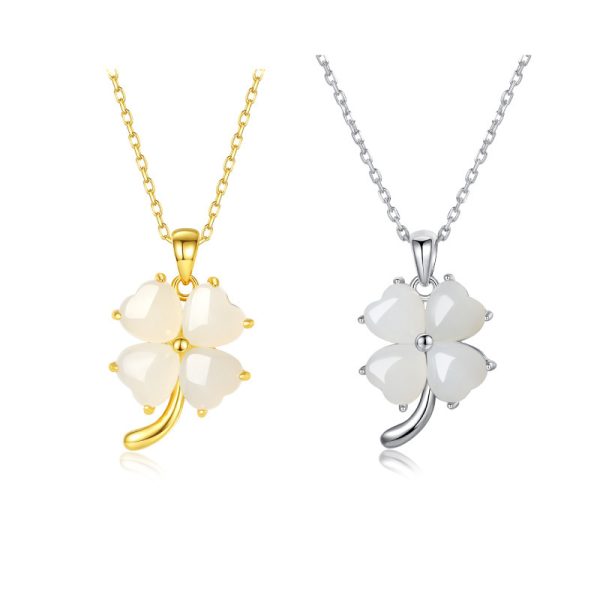 Lucky Four-leaf Clover Necklace Female S925 Sterling Silver Hetian Jade