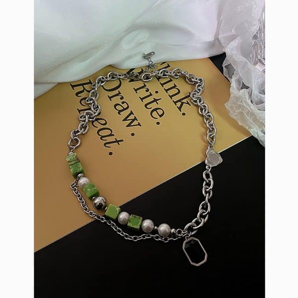 Green Natural Stone Panel Necklace