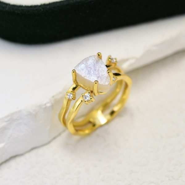S925 Silver Irregular Triangle Moonstone Ring Personality Fashion Minority Design Female Ring