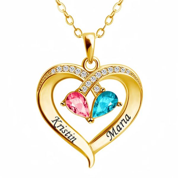 Two-color Water Drop Pendant Heart Shape With Diamond 12 Birthstone Peach Heart Necklace For Women