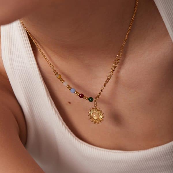 18K Gold Natural Stone Opal Sun Pendant Color Stone Necklace