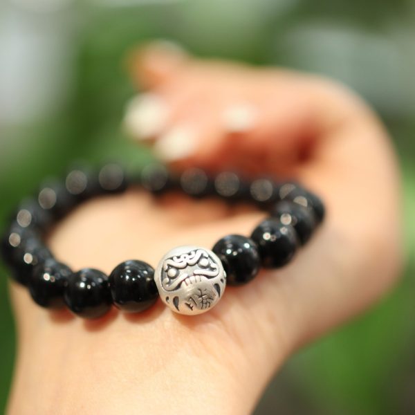 Natural 10MM Black Agate Bracelet Women's Sterling Silver