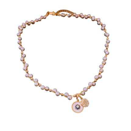 Real Gold Electroplated Zircon Pearl Round Pendant Necklace Light Luxury Clavicle Chain