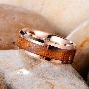 Hair 8mm Wood Leather Ugyen Ring Men's Tungsten Gold Jewelry