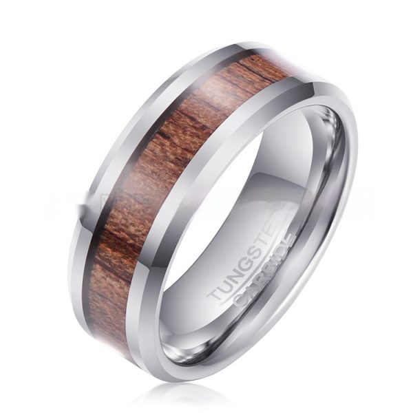 Hair 8mm Wood Leather Ugyen Ring Men's Tungsten Gold Jewelry