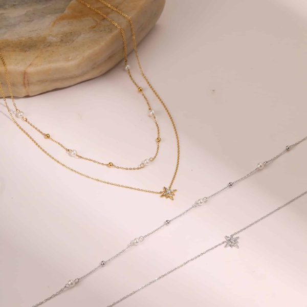 Double-layer Six-pointed Star Rhinestone Pearl Stainless Steel Necklace 18K Gold Plating Ins Design Sense