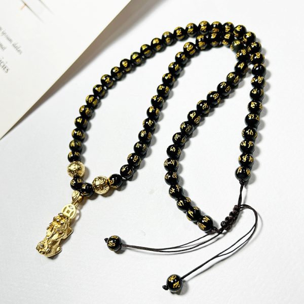 Men's Obsidian Necklace Alluvial Gold Pixiu Lucky Words Mantra