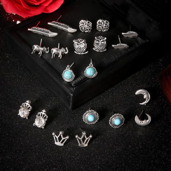 08d7f164-7649-43a4-97b1-3f430ed5df1d.jpg Crown Diamond Elephant Leaf Owl 10 Pair Set Earrings