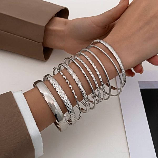 Ethnic Style Alloy Retro Wide Gold Glossy Wristband Bracelet 10 PCs Set