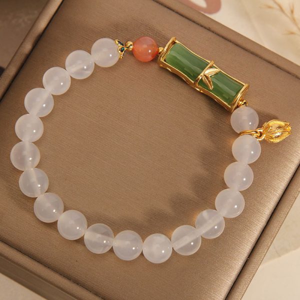 Mild Luxury Retro White Agate Jasper New Chinese Style Bamboo Beaded Bracelet For Women