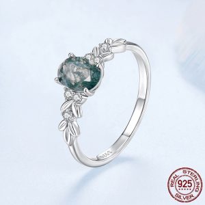 S925 Sterling Silver Seaweed Agate Ring For Women Elegant Retro