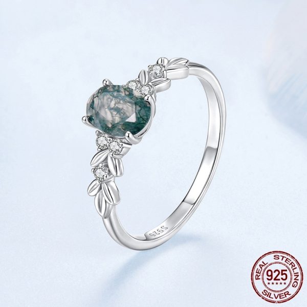 S925 Sterling Silver Seaweed Agate Ring For Women Elegant Retro