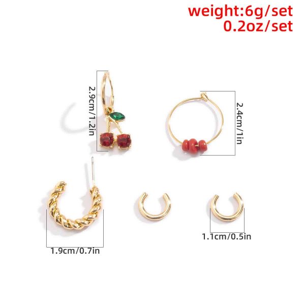 Retro Fashion Red Cherry Rhinestone Rice Bead Set Earrings