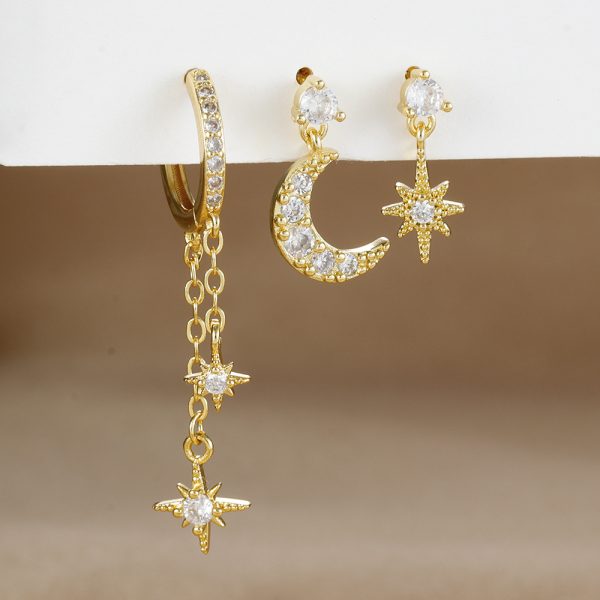 18K Real Gold Electroplated Zircon Moon Studs Three-piece Set