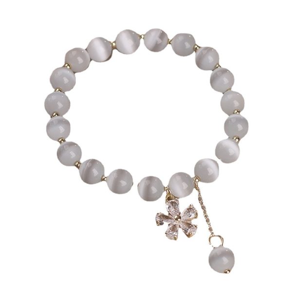 Single Loop Women's Small Flower Tassel White Cat's Eye Crystal Bracelet
