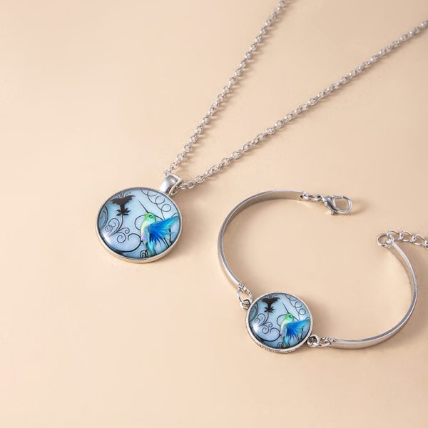 Vintage Blue Hummingbird Jewelry Set Handmade Animal Picture Glass Necklace Bracelet Earrings For Women
