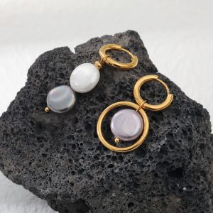 Asymmetric Plating Openwork Circle Stitching Natural Stone Earrings
