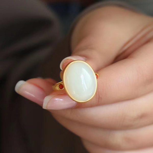 Gilding Inlaid Hetian Egg Noodles Elegant Female Open Ring