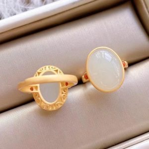 Gilding Inlaid Hetian Egg Noodles Elegant Female Open Ring