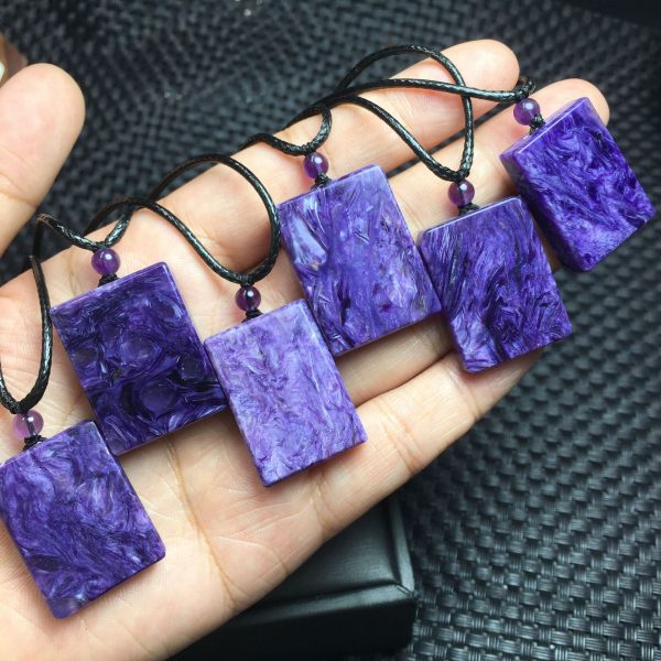 Natural Charoite Square Plate Pendant With Leather Rope