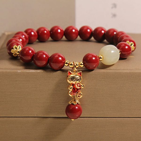 Cinnabar Beaded Lucky Cat Pendant Bracelet