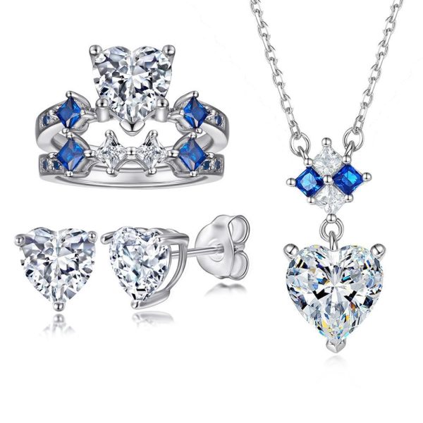 Heart-shaped Jewelry Set Sapphire Zircon Ring Set Ear Stud Necklace Three-piece Set
