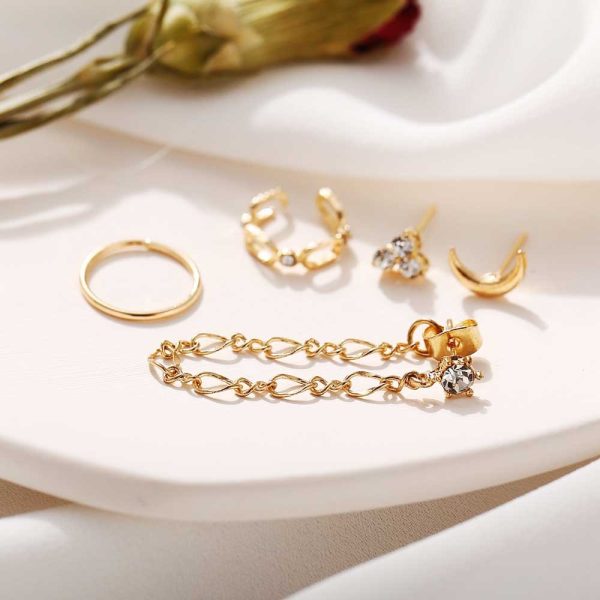Moon Full Diamond Chain Earring Set 5-piece Set