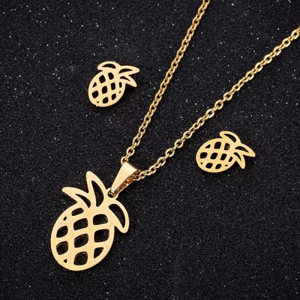 Simple Hollow Out Pineapple Fruit Jewelry Earrings Necklace Stainless Steel Jewelry Set