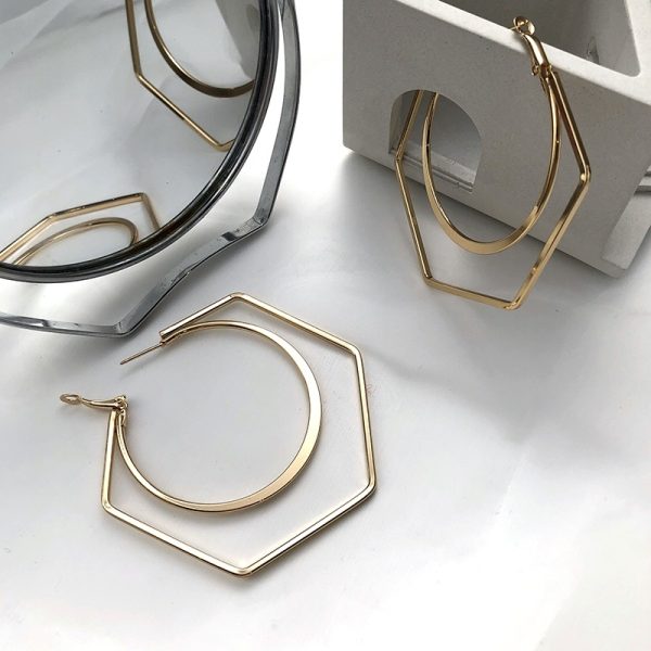 Exaggerated irregular hexagon geometric metal circle earrings