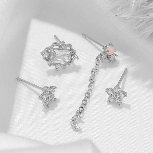 Earring Set, Moon Earrings, Gold Floral Earrings, Small Chain Earrings