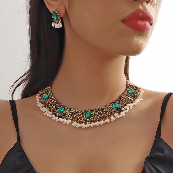 Retro Indian Style Necklace And Earrings Suite Exotic Pearl Rhinestone