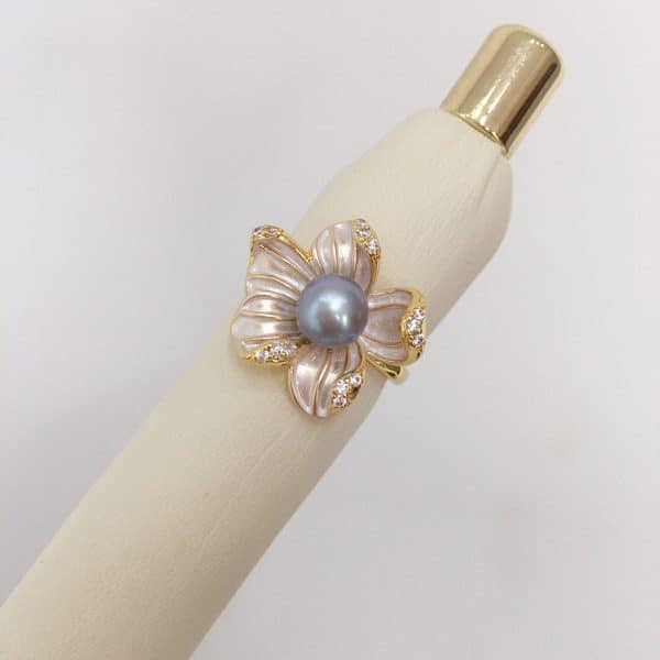 5A Bright Natural Freshwater Pearl Ring 18K Real Gold Plated Frosted Flower Ring