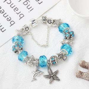 Blue Ocean Dolphin Starfish Pendant Beaded Bracelet