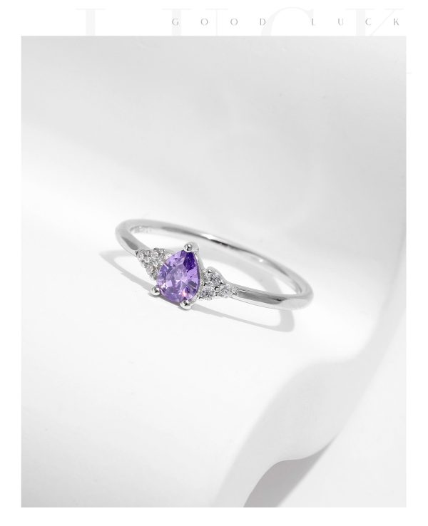 S925 Sterling Silver Light Luxury Rhinestone Purple Crystal Drop-shaped Ring