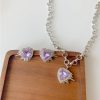 Ladies Heart Purple Peach Heart Water Diamond Earrings Necklace Jewelry Set