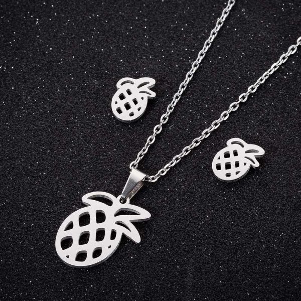 Simple Hollow Out Pineapple Fruit Jewelry Earrings Necklace Stainless Steel Jewelry Set