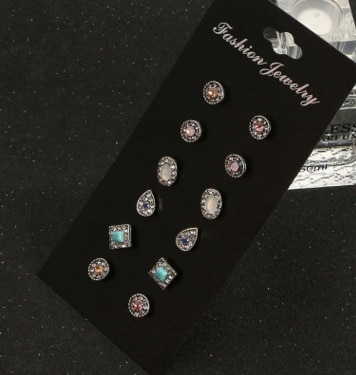 6 Pairs Set Ethnic Earrings Rhinestone  Flower Shape Stud Earring