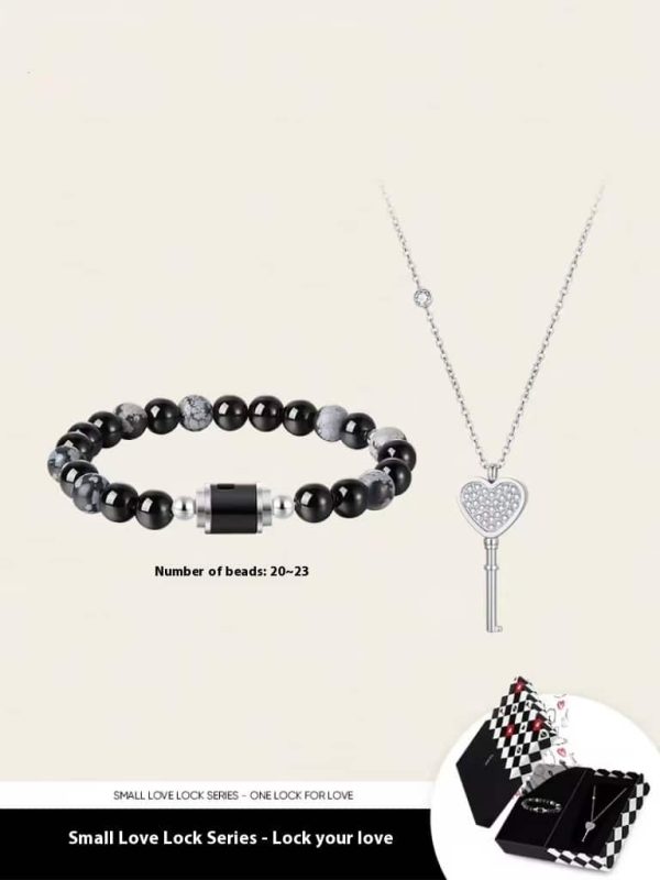 Black Agate Bracelet Small Love Lock Couple Necklace Bracelet