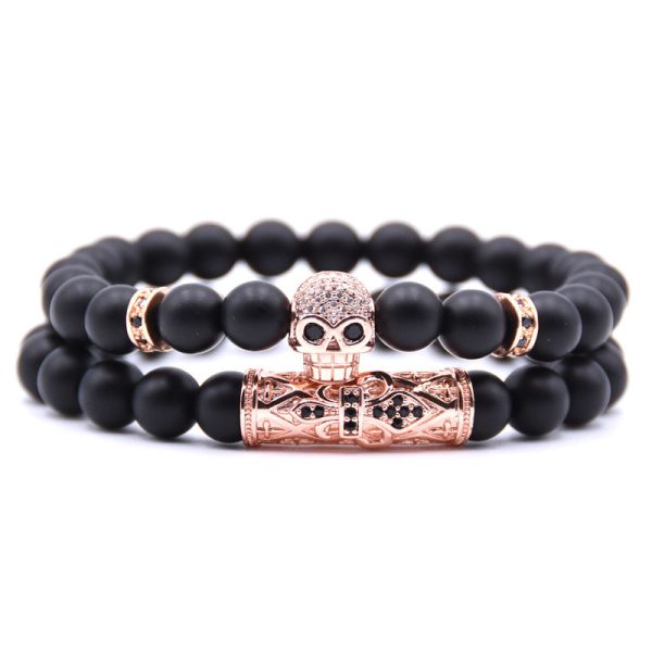 Natural Stone Micro Inlaid Skull Head Copper Jewelry Bracelet
