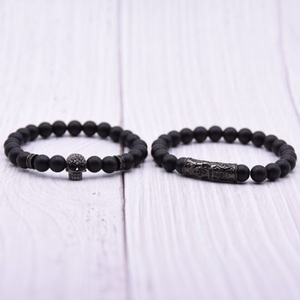 Natural Stone Micro Inlaid Skull Head Copper Jewelry Bracelet