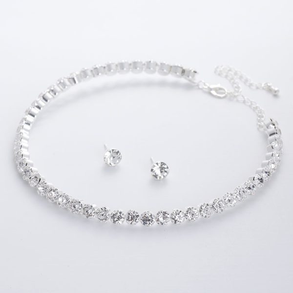 Simple Flower Claw Single Row Flashing Diamond Collar Necklace Earrings 3PCS Jewelry Set Bridal Accessories