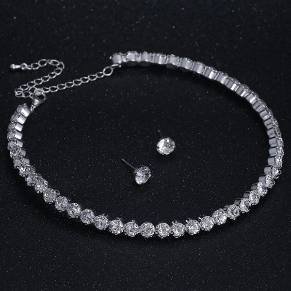 Simple Flower Claw Single Row Flashing Diamond Collar Necklace Earrings 3PCS Jewelry Set Bridal Accessories