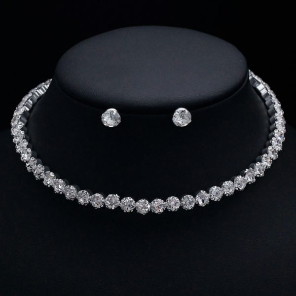 Simple Flower Claw Single Row Flashing Diamond Collar Necklace Earrings 3PCS Jewelry Set Bridal Accessories