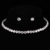 Simple Flower Claw Single Row Flashing Diamond Collar Necklace Earrings 3PCS Jewelry Set Bridal Accessories