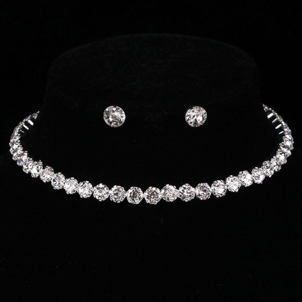 Simple Flower Claw Single Row Flashing Diamond Collar Necklace Earrings 3PCS Jewelry Set Bridal Accessories
