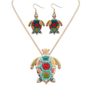 Rice Beads Turtle Jewelry Set Bohemia Ethnic Style Turtle Necklace Earrings Two-Piece Set