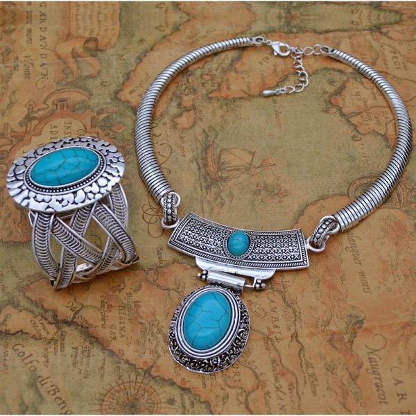 European And American Retro Turquoise Jewelry Ethnic Style Necklace Earrings Ring Bracelet Set