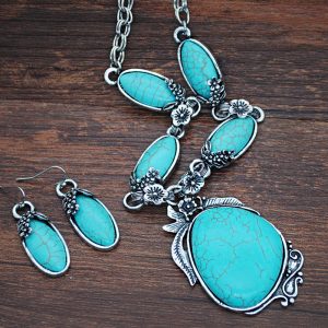 European And American Retro Turquoise Jewelry Ethnic Style Necklace Earrings Ring Bracelet Set