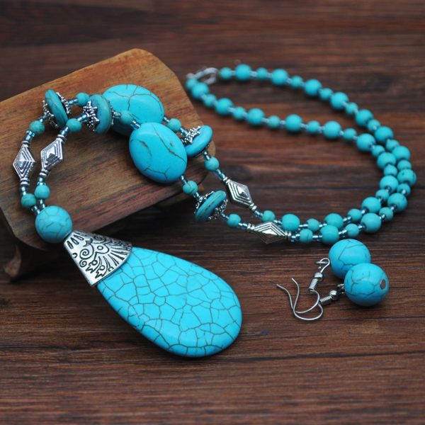 European And American Retro Turquoise Jewelry Ethnic Style Necklace Earrings Ring Bracelet Set